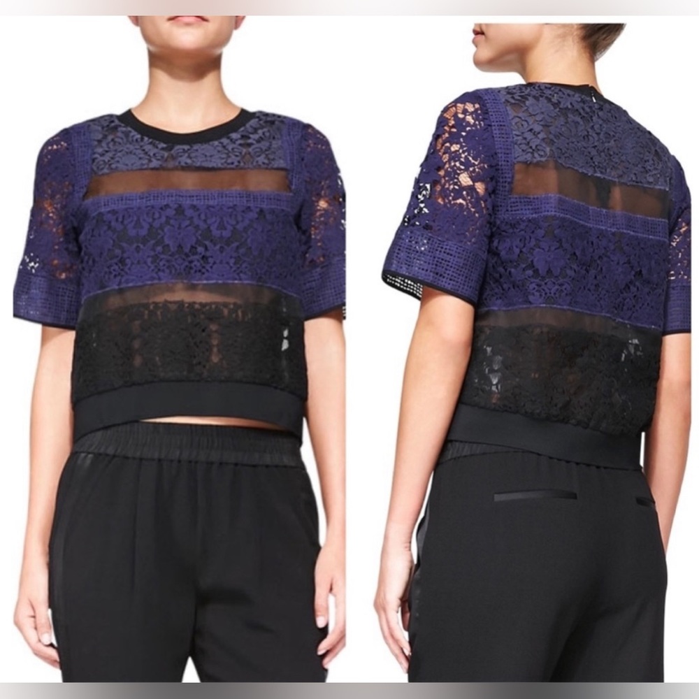Rebecca Taylor Lace & Silk Patchwork Blue/Blqck Shortsleeved Top. Size 0.